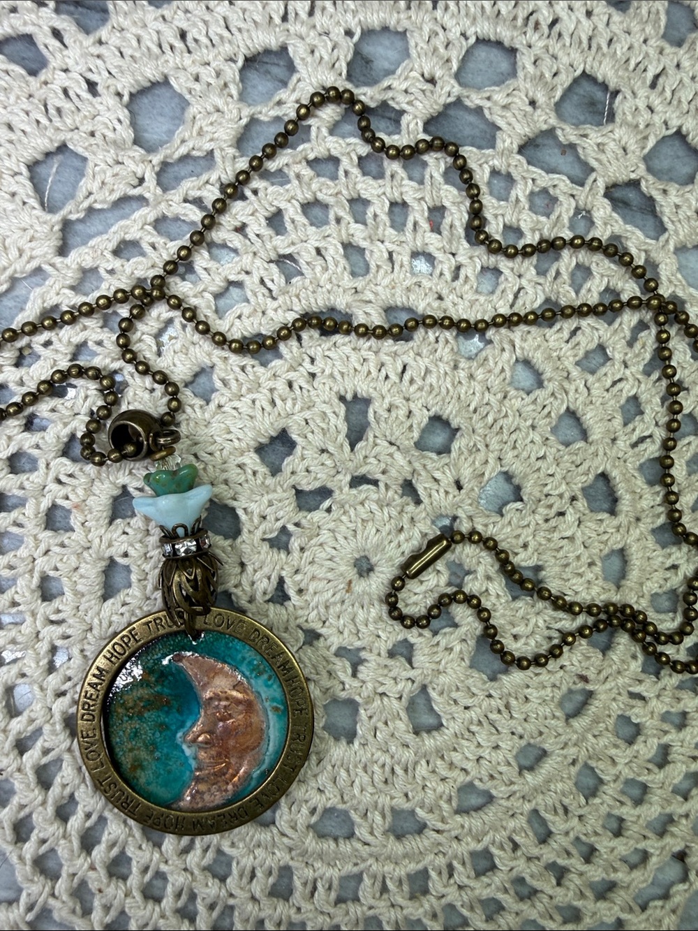 Moon Face Pendant 26” Necklace - Bronze and Turquoise